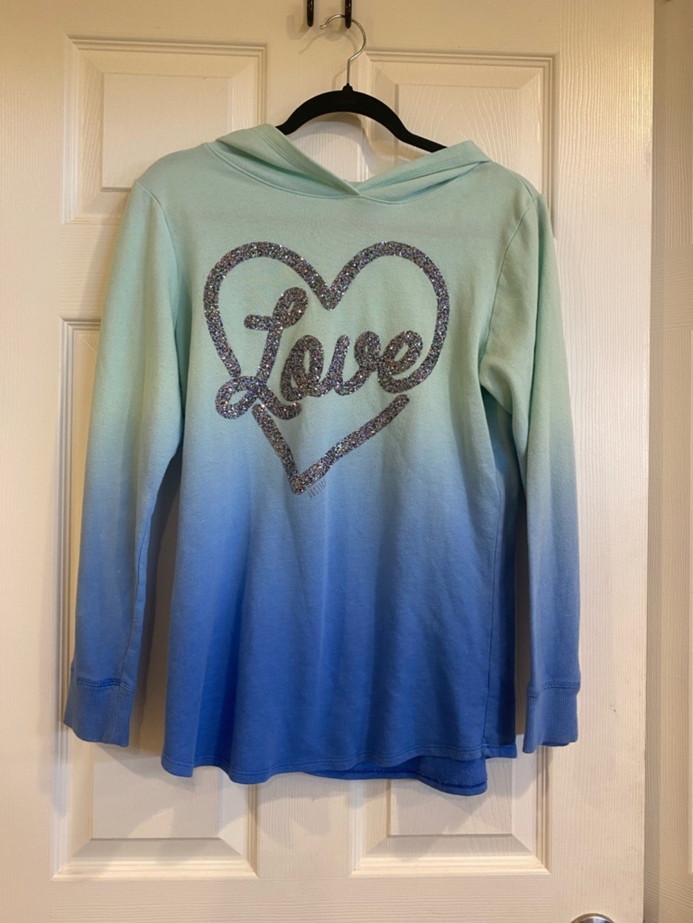 Justice Long Sleeve Ombre Hoodie Top in Mint to Blue with Glitter 'Love'